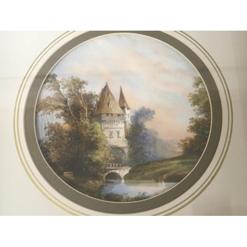 921 - A Quality framed hand painted porcelain plaque with Continental buildings over a river in a sealed g... 