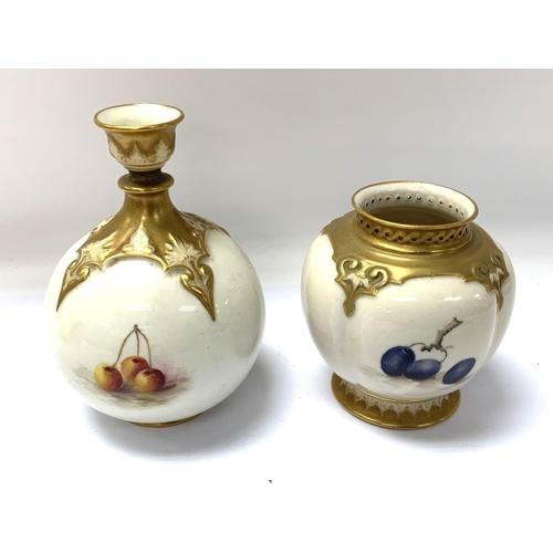 944 - 2 Royal Worcester porcelain vases with hand painted fruit design, 1 Signed E Townsend 9.5cm, 1signed... 