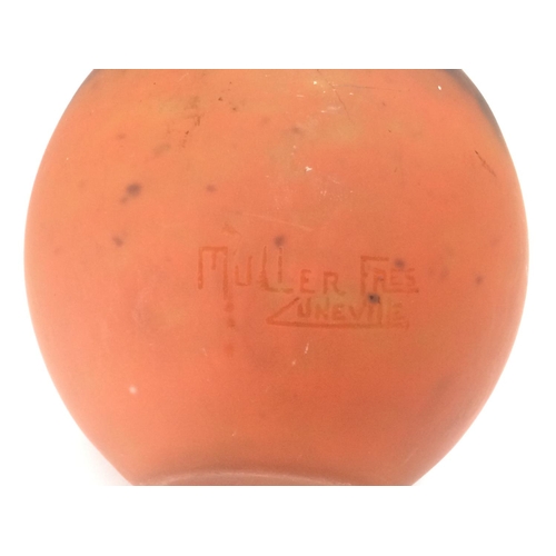 972 - A circa 1920s/30s Muller Freres, Luneville art glass vase of ovoid form in orange and black, approx ... 