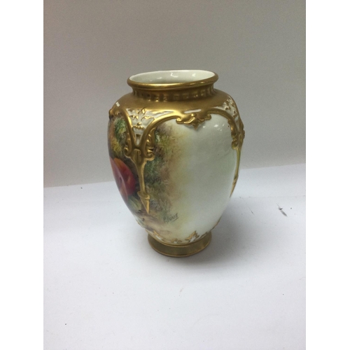 975 - A Royal Worcester vase painted with fruit signed P love . 12 cm