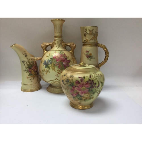 976 - A collection of Royal Worcester blush ivory comprising Vase, jug , ewer And liked vase decorated wit... 