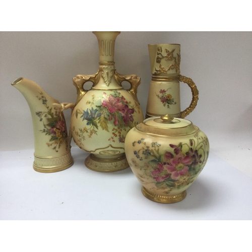 976 - A collection of Royal Worcester blush ivory comprising Vase, jug , ewer And liked vase decorated wit... 