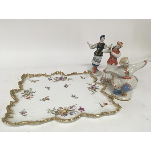 993 - A French porcelain tray and three Russian porcelain figures one damaged