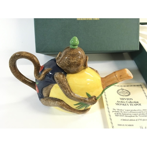 997 - A Minton monkey teapot with original box and paperwork. No damage observed to outside. Very small ch... 