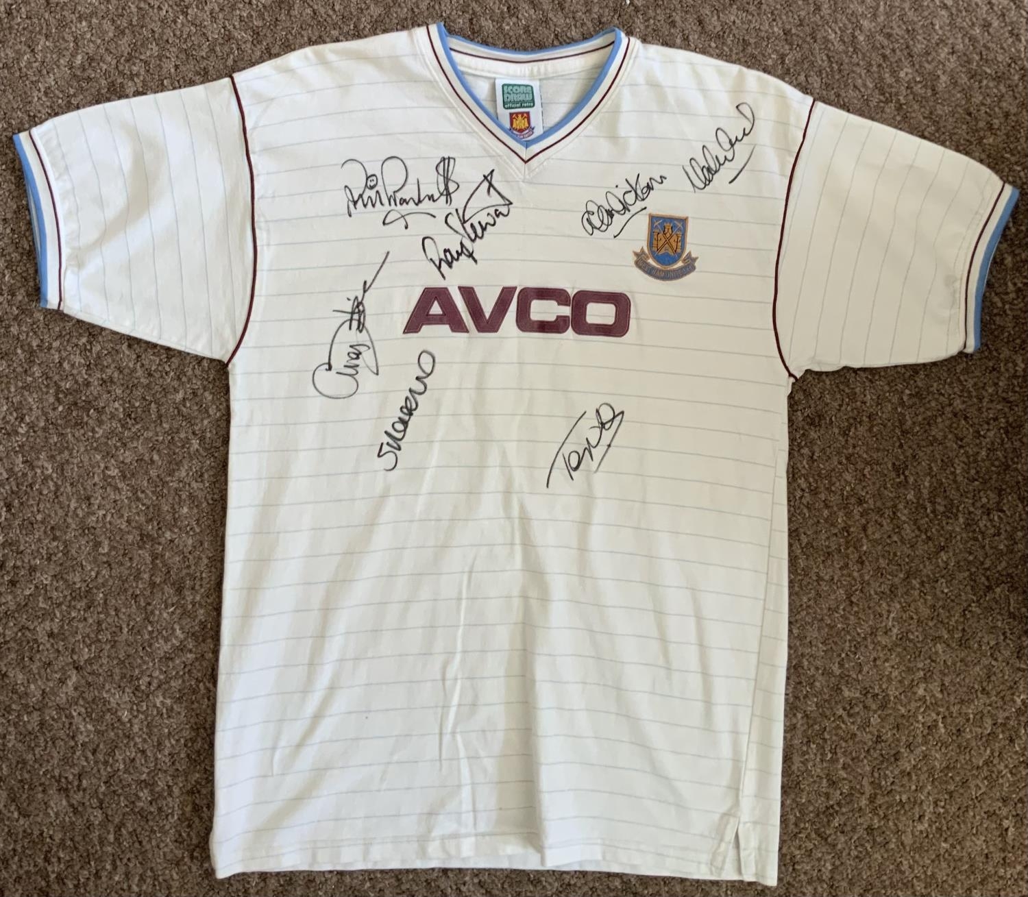 West Ham United F.C. 1985 サイン入り記念品 85/86 West Ham Signed Football Shirt: White Avco retro