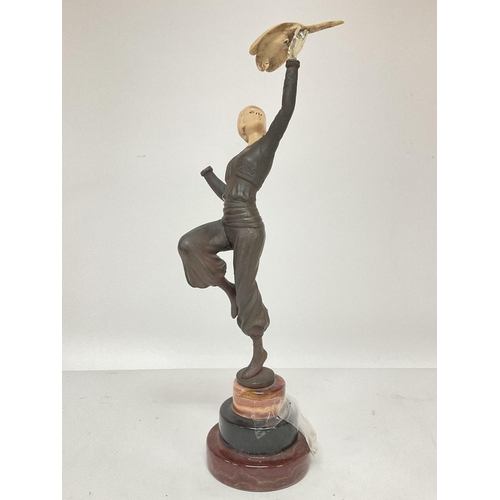 1003 - Paul Philippe French Art Deco spelter statue of a girl with a parrot on a marble base, signed. damag... 