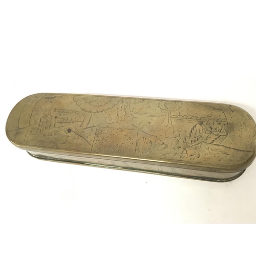 1016 - Late 18th century Brass Dutch Tobacco box. 3cm tall, 17.5cm long postage category B