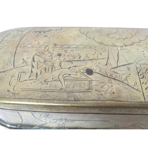 1016 - Late 18th century Brass Dutch Tobacco box. 3cm tall, 17.5cm long postage category B