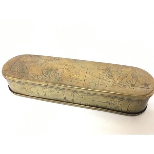 1016 - Late 18th century Brass Dutch Tobacco box. 3cm tall, 17.5cm long postage category B