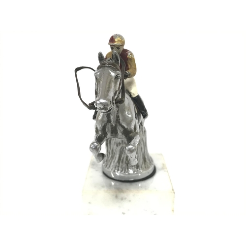 1019 - Chrome car mascot circa 1950s of a show jumping horse and rider mounted on a marble base, 15Cm tall.... 