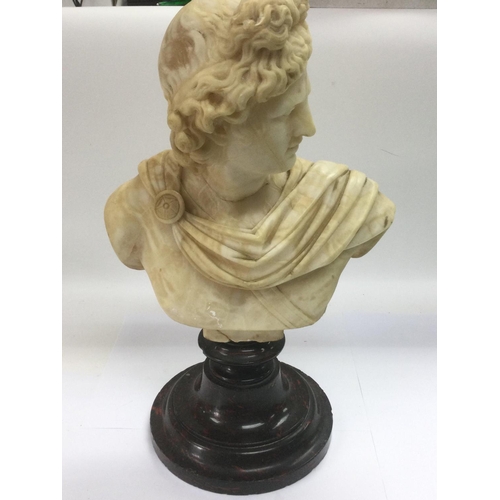 1058 - An alabaster bust of a Neo Classical male figure raised on a stepped circular base, a/f. Approx tota... 