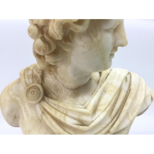 1058 - An alabaster bust of a Neo Classical male figure raised on a stepped circular base, a/f. Approx tota... 