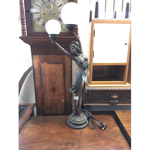 1077 - Large Art Deco bronze lamp with a mounted figure of a lady. 76cm tall. Postage category D