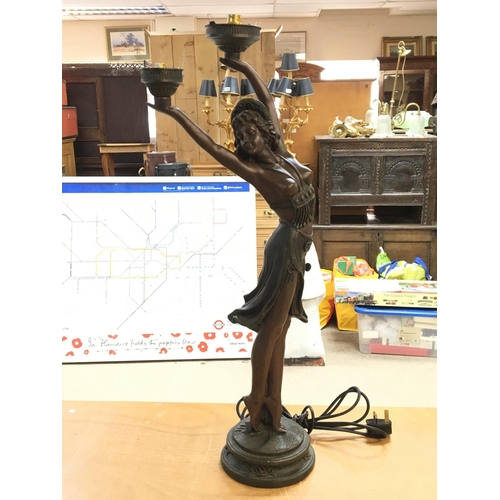 1077 - Large Art Deco bronze lamp with a mounted figure of a lady. 76cm tall. Postage category D