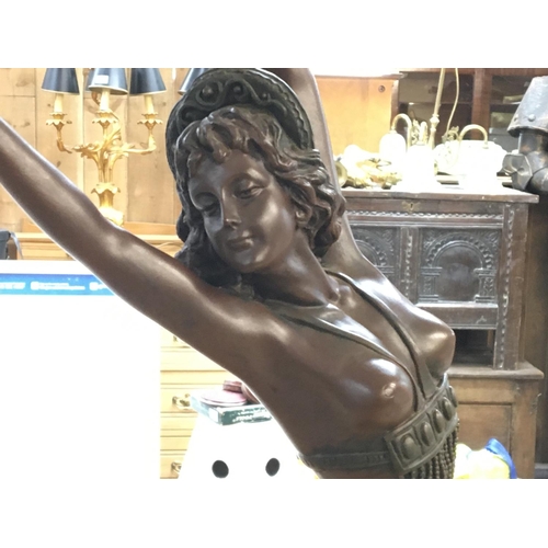 1077 - Large Art Deco bronze lamp with a mounted figure of a lady. 76cm tall. Postage category D