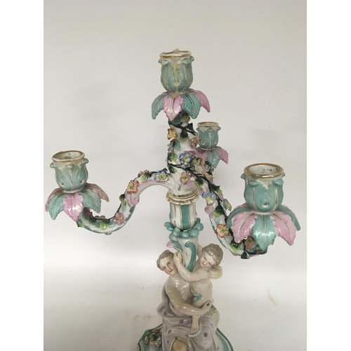 1254 - A German porcelain candelabra possible Sitzendourf the stem with a lady a child with raised flowers ... 