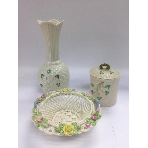 1465 - Three Belleek items and a Royal Doulton jardiniere painted in greens and blues, approx height 19cm. ... 