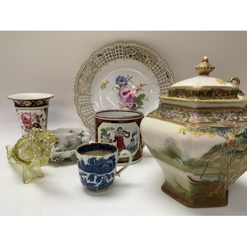 1526 - Mixed ceramic lot. To include 2 Noritake porcelain sugar jars, Meissen porcelain hand painted ribbon... 