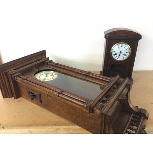 1557 - Oak Vienna style wall and mantle clocks, approximate dimensions 14x20x36 & 16x40x78cm. - NO RESERVE