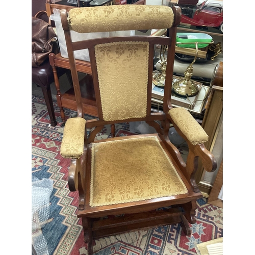 1583 - Oak Rocking chair with yellow floral patterned upholstery 56x56cm x height 100cm. Postage category D... 