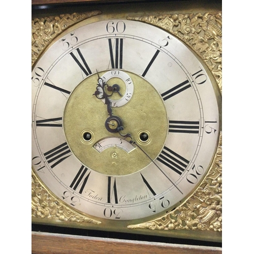 1586 - A oak eight day long case clock the brass dial with Roman numerals Foden Congleton