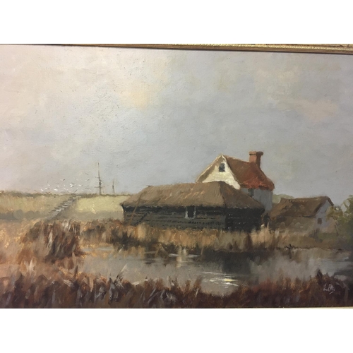 1805 - A framed Vic Ellis landscape painting depicting house and barn besides a creek with steps leading up... 