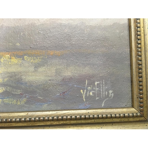 1806 - A framed Vic Ellis painting depicting sailing boats at sunset. Signed. Measuring 42cm x 22cm. Inscri... 