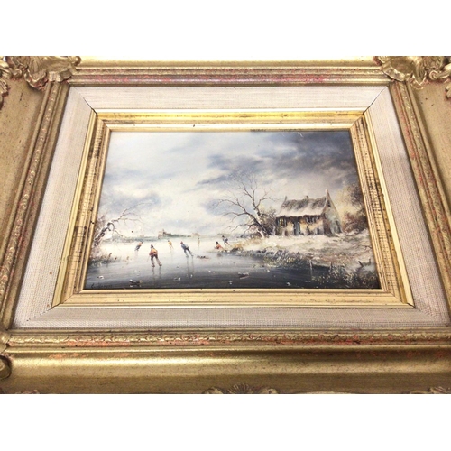 1808 - A pair of small gilt framed paintings by V Hoeue. One titled Early start and the other a winter That... 