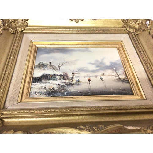 1808 - A pair of small gilt framed paintings by V Hoeue. One titled Early start and the other a winter That... 