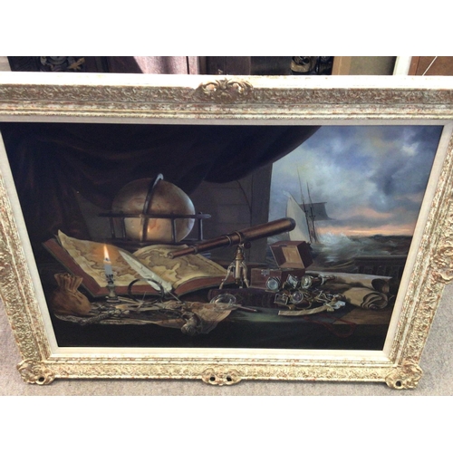 1818 - A Maritime oil painting captains cabin in frame. 96x75cm. Postage D