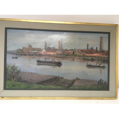 1828 - A framed oil painting on canvas study of an industrial area in Belgium 1950s with a large river sign... 