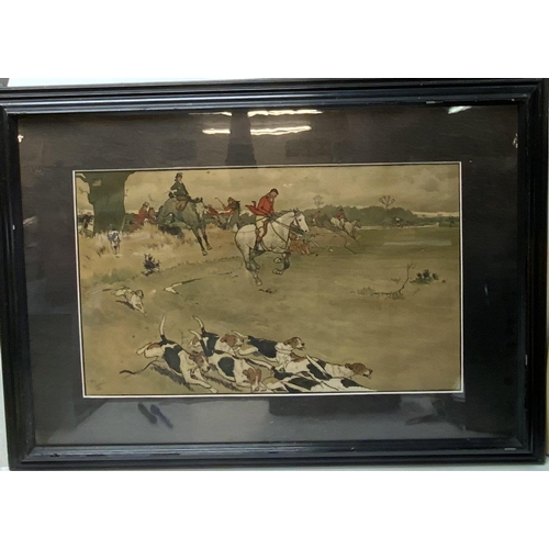 1830 - A large ebonized and oak framed Cecil Aldin Hunt Scene. 89cm x 64cm.