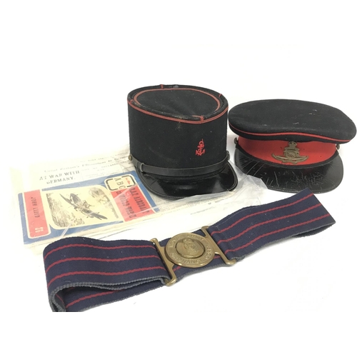 1915 - Old Royal Artillery officers cap, French Naval officers hat, RAOC belt and paperwork