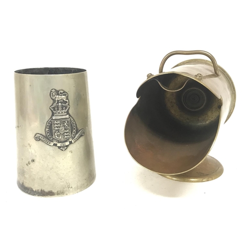 1919 - A trench art Coal Scuttle made a shell case and a plated mug with applied Coat of Arms. Approximatel... 