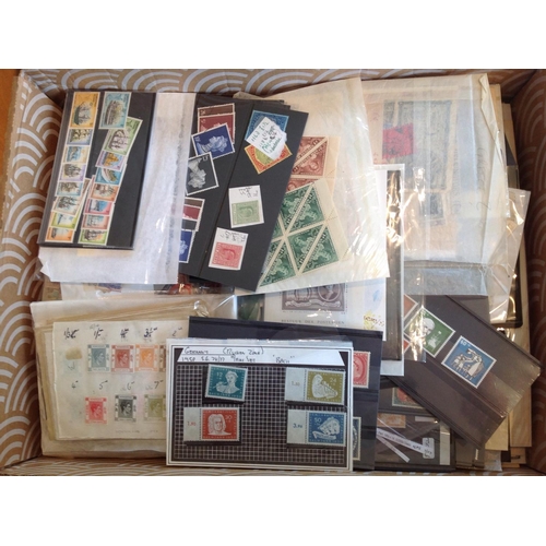 1966 - Flat Box of world stamps on many album pages, stock cards, old approval books (in pounds, shillings ... 