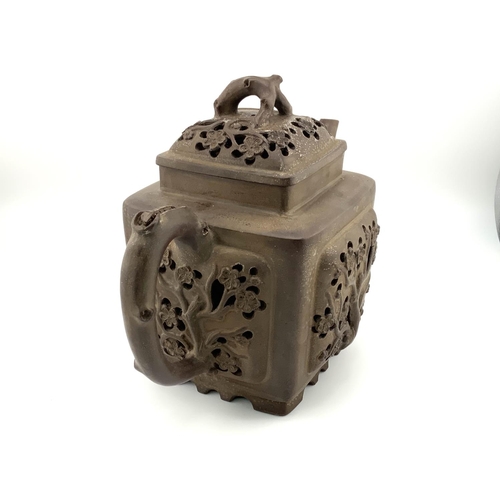 901 - A square from Chinese Yi-Xing terracotta teapot with pierced cherry blossom decoration and impressed... 