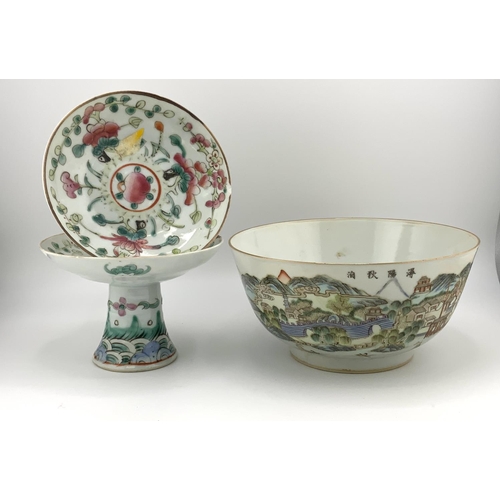 905 - 1 Cantonese porcelain together with 2 Cantonese porcelain stem cups, (D). (Bowl in good condition, 2... 