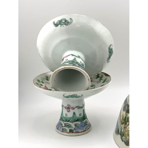 905 - 1 Cantonese porcelain together with 2 Cantonese porcelain stem cups, (D). (Bowl in good condition, 2... 