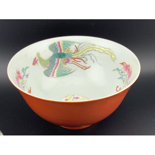 920 - A fine Chinese canton enamel porcelain bowl 11.5cm x 6cm together with an iron red glazed bowl with ... 