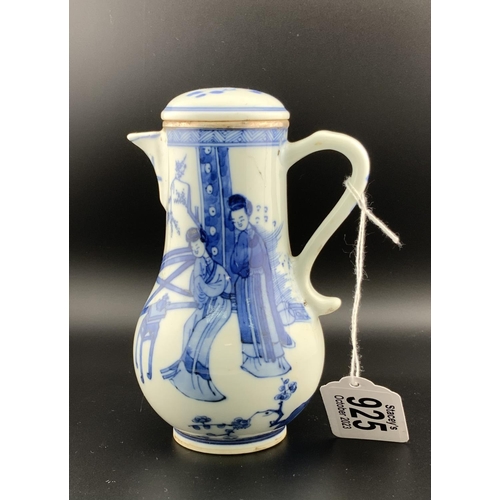 925 - An early chinese blue and white porcelain sparrow beak jug and cover with a white metal rim. Undergl... 