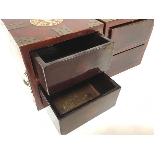 941 - Wooden Asian folding jewellery box with mother of pearl inlays, with four drawers. Box dimensions- 1... 