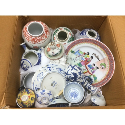 963 - A box of Oriental ceramics comprising a blue and white ginger jar, vases, plates etc. Shipping categ... 