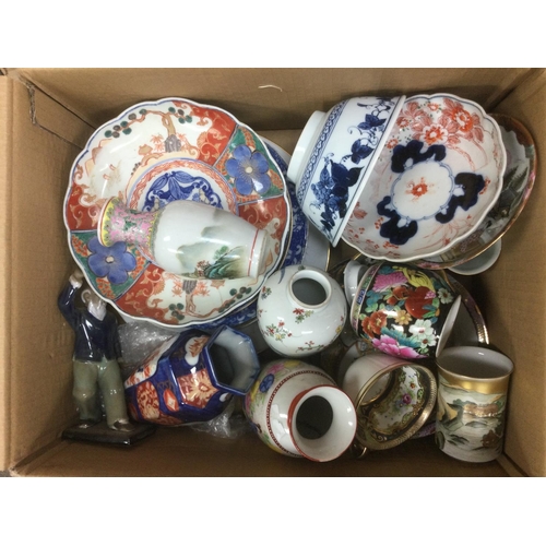 964 - A box of mixed Oriental ceramics comprising vases, plates, cups etc.