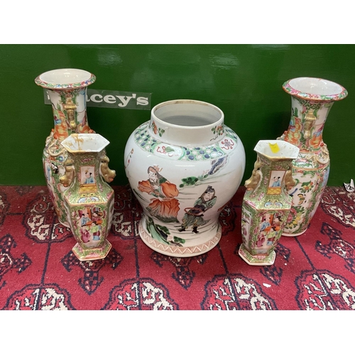 999 - A large Chinese Famile vert jar, together with 2 pairs of Cantonese vases.