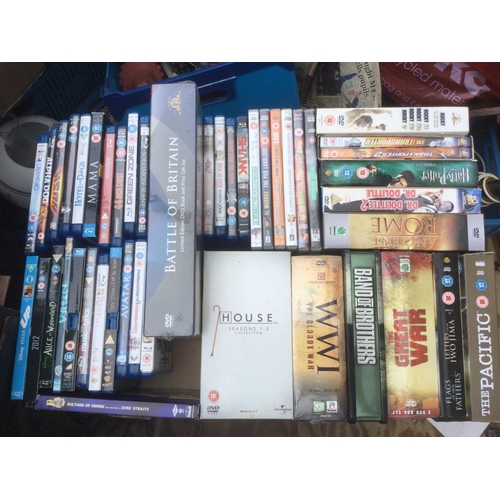 179 - Five boxes of DVDs and BluRays comprising various feature films and TV series.