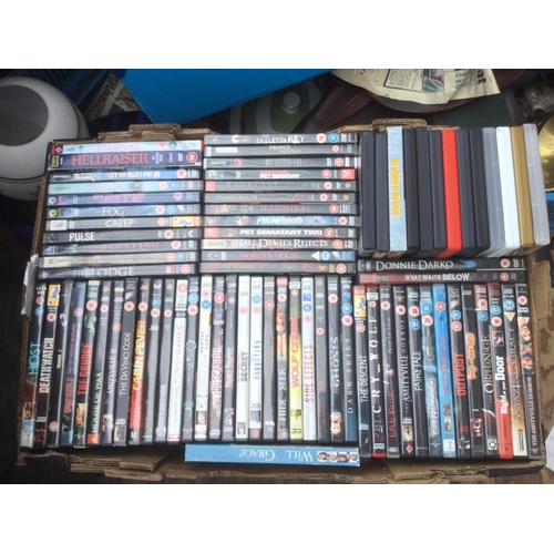 179 - Five boxes of DVDs and BluRays comprising various feature films and TV series.