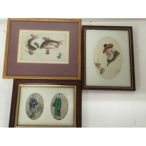 1129 - Two Chinese paintings on rice paper and a sketch of a Scottish Gentleman (3)