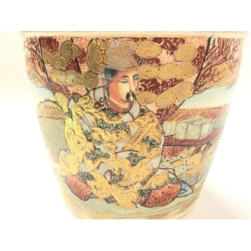 1131 - A Japanese satsuma bucket vase, decorated with figures. 31.5cm tall approximately. Postage category ... 