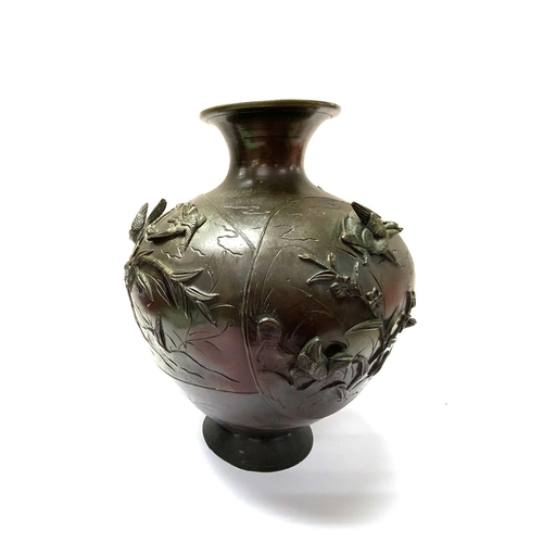 1138 - A Japanese Meiji period bronze squat form vase with raised relief bird decoration. H.25cm. (C)