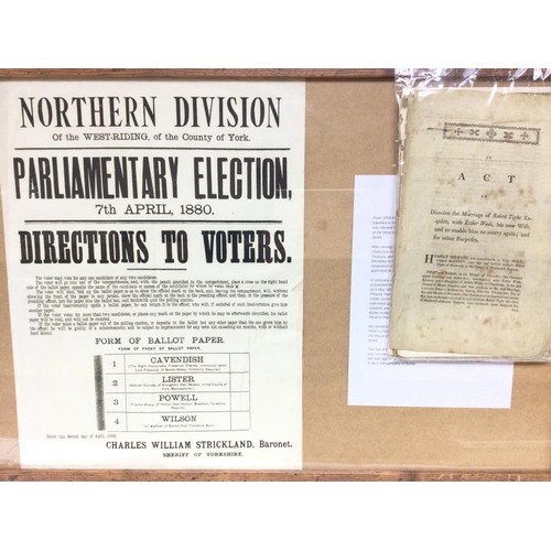 1905 - An original framed 1880 parliamentary election poster and various government acts of parliament from... 